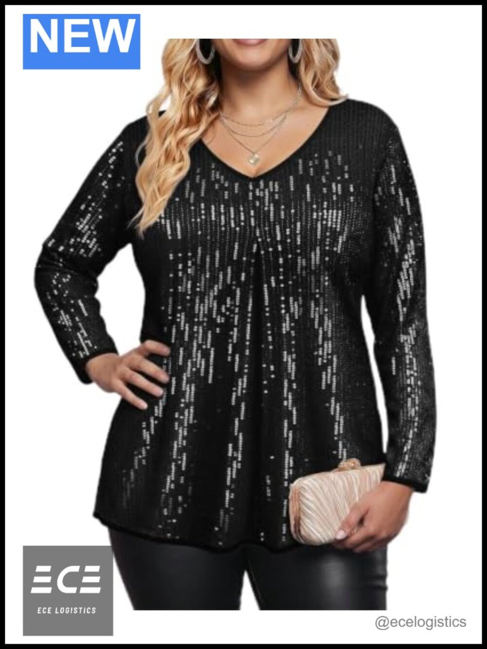 Plus Size Tunic Top Long Sleeve V Neck Sequin Glitter Party Fall Winter
